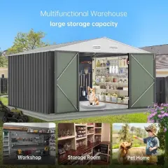 12x10 FT Outdoor Storage Shed, Heavy Duty Metal Sheds & Outdoor Storage with Lockable Doors & Air Vents for Backyard, Garden, Patio, Lawn, Grey