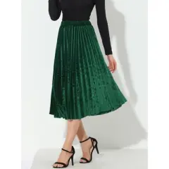 Allegra K Women's High Elastic Waist Velvet Pleated Swing Midi Skirt