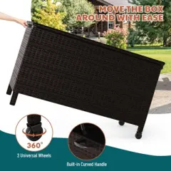 150-Gal Outdoor Wicker Deck Box w/Wheels, Waterproof Rattan Storage for Patio Cushions, Garden Tools & Pool Gear
