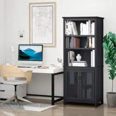 HOMCOM 71" Bookcase Storage Hutch Cabinet with Adjustable Shelves and Glass Doors for Home Office, Kitchen, Living Room