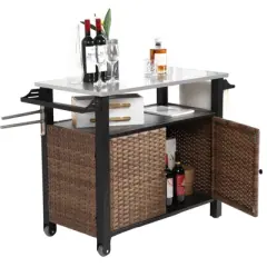 Outdoor Wicker Bar Cart, Kitchen Island Grill Table with Wheel,Rolling Buffet Serving Cart with Stainless Steel Top for Porch Garden Poolside