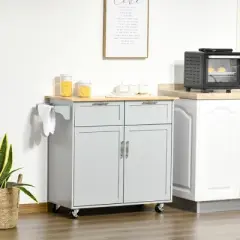 HOMCOM 41" Modern Rolling Kitchen Island on Wheels, Utility Cart Storage Trolley with Rubberwood Top & Drawers