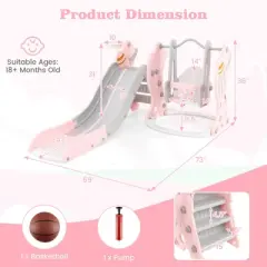 Infans 4 in 1 Toddler Slide and Swing Set, Rocket Playset Gym with Baby Swing, Basketball Hoop, Ball, Kids Climber Play Set for Age 1+, Pink