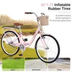 INFURNIC Bicycles 26" Single Speed Folding Lady Bike Durable Steel Frame Compact Design for Easy Storage and Commuting, Pink, 69.93"*25.2"*40.95"