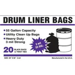 Primrose Plastics 55320 20 Ct Drum Liner Bag 36"x 56" 3Mil Black Bags On A Roll 55 Gallon