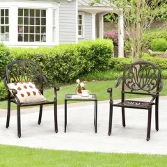 Tangkula 2 Pieces Cast Aluminum Chairs Set of 2 Stackable Patio Dining Chairs w/ Armrests