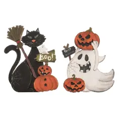 Transpac Plywood Ghost and Cat Figurines Set of 2 Halloween Decor Multicolor Tabletop Indoor Gifts Spooky Seasonal Decor