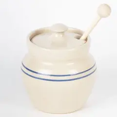 Martinez Pottery Heritage Blue Stripe Stoneware Honey Pot with Wooden Dipper