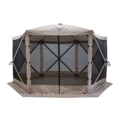 Gazelle Tents G6 8 Person 12' x 12' Pop Up 6 Sided Portable Hub Gazebo Screen Canopy Tent with Large Main Door, Wind Panels, and Screens, Desert Sand