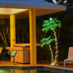 LIGHTSHARE Twin Trunk Solar Lighted Palm Tree LED Outdoor Light Stakes Green