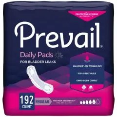 Prevail Daily Pads Female Incontinent Pad Regular Length 11" L PV-916/1, Maximum, 192 Ct