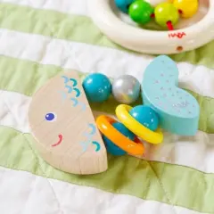 HABA Rattlefish Wooden Baby Rattle and Teething Toy with Plastic Rings, Teething Toys 6-12 months, Grasping Toy for Babies, Made in Germany