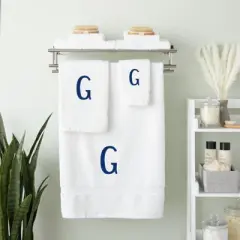 Juvale 3 Piece Letter G Monogrammed Bath Towels Set, White Cotton Bath Towel, Hand Towel, and Washcloth w Blue Embroidered Initial G for Wedding Gift