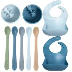 Silicone Baby Essentials Bundle &ndash; Stacking Toy, Feeding Bibs, Suction Bowls with Spoons & First-Stage Spoons &ndash; BPA-Free, Safe for Infants & Toddlers