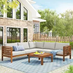 Outdoor L-Shaped Sectional Sofa, Acacia Wood Patio Couch Set with Cushions and Coffee Table, Corner Garden Sofa &ndash; Cuddlewood
