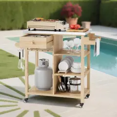 Acekool Outdoor Grill Cart, Wood Storage Cabinet with Stainless Steel Top, Lockable Wheels, Multi-Level Patio Bar Table for Kitchen & Garden