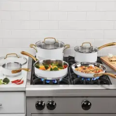 Cuisinart Classic 8pc Stainless Steel Cookware Set with Brushed Gold Handles Matte White: Induction & Oven Safe Pans