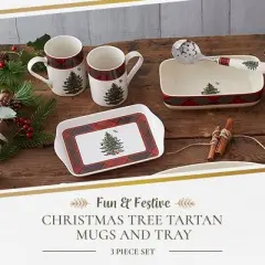 Spode Christmas Tree Tartan 10oz Mug & 8" Tray Set (3-Piece Set) - Festive Porcelain Mugs with Melamine Tray, Dishwasher & Microwave Safe