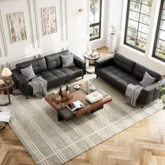 Garvee 3-Seater Sofa Couch, Modern Sofa with Deep Seats and 2 Pillows, Breathable Faux Leather Couch, Stylish Loveseat for Living Room