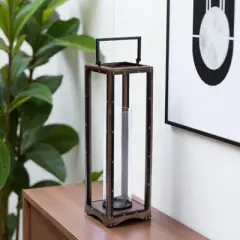 HomeRoots 25" Black And Brown Metal And Solid Wood Tabletop Lantern Candle Holder