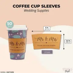 Sparkle and Bash 50 Pack Mr. and Mrs. Drink Sleeves for Coffee Cups, Thank You (4.4 x 2.5 In, Kraft Paper)