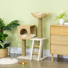 PawHut Cattail Weave Cat Tree for Indoor Cats Kitty Tower with Rattan Cat Condo, Wicker Bed, Ladder, Washable Cushions, 22.5" x 14.5" x 39.5", Natural