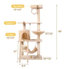 Kumasinova 55" Cat Tree with 2 Hammocks,Cat Tower with Scratching Post,Multi-Level Cat Climbing Tower with Staircase,Cat Trees with Cat House,Cream