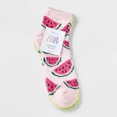 Women's Watermelon 2pk Cozy Quarter Crew Socks - Pink/Green 4-10: Midweight Velour Ribbed, Fruit Pattern