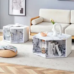 Modern Hexagon Coffee Table Set with Open Storage,2-Piece Wood Grain Marble Pattern MDF Sofa Side Tables for Living Room-Baofuwish