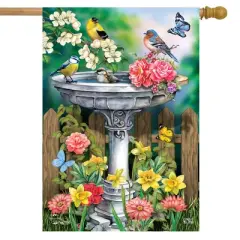 Briarwood Lane Spring House Flag 40x28 For Outdoor Birdbath in Bloom For Spring House Flag