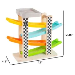 Toy Time Ramp and Colorful Racecar Set- Wooden Car Racer with 4 Colorful Cars with Moving Wheels