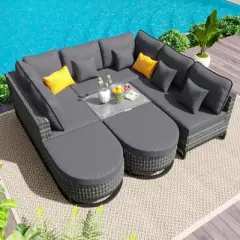 FIONECA 7-Piece Outdoor Wicker Sofa Set, Free Combination Rattan Sectional with Coffee Table & Pillows, Patio Furniture for Garden & Deck, Gray