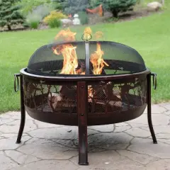 Sunnydaze Outdoor Camping or Backyard Steel Pheasant Hunting Fire Pit with Spark Screen, Cover, Metal Wood Grate, and Log Poker - 30"