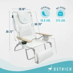 Ostrich Deluxe 3N1 Lightweight Lawn Beach Reclining Lounge Chair with Footrest, Outdoor Furniture for Patio, Balcony, Backyard, or Porch, White