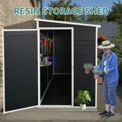 8x4ft Outdoor Resin Garden Shed with Floor and 2 Windows,Patio Outdoor Storage Shed with Lockable Door for Garden Tools, Bicycles, Trash Cans, Black