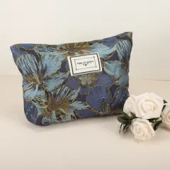 Unique Bargains Women's Canvas Floral Makeup Bag 10.63"x7.95" Deep Blue 1 Pc