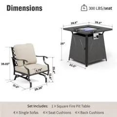 Captiva Designs 5pc Metal Patio Outdoor Conversation Fire Pit Set with Rocking Grid-back Armchairs for Garden, Poolside, Backyard