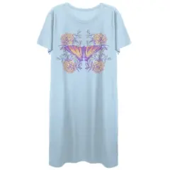 Vintage Floral Gradient Butterfly Crew Neck Short Sleeve Light Blue Women's Night Shirt