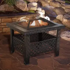Nature Spring 26" Square Basketweave Wood-Burning Fire Pit - Bronze Finish