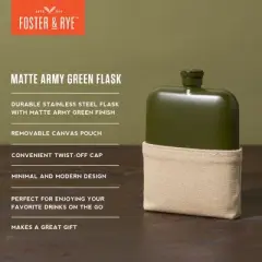 Foster & Rye Army Flask - Whiskey Flask for Men - Stainless Steel Alcohol Flask Matte Army Green with Canvas Wrap - 6oz Set of 1