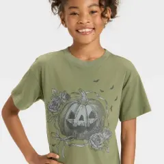 Girls' Short Sleeve Oversized Halloween Graphic T-Shirt - Cat & Jack&trade; Olive Green