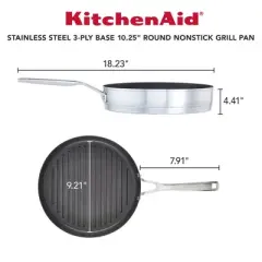 KitchenAid 3-Ply Base Stainless Steel 10.25" Nonstick Round Grill Pan: Induction Safe, Dishwasher & Oven Safe Griddle