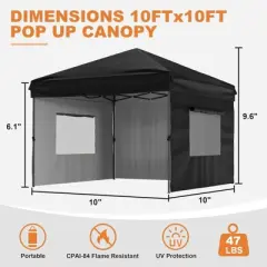 10'x10' Pop Up Canopy Tent, Instant Outdoor Canopy with 3 Sidewall, Portable Sun Shelter