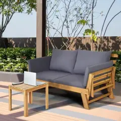 Bestier Adjustable Patio Convertible Sofa, Acacia Wood Porch Couch Sofa Bed with Adjustable Armrest, Outdoor Daybed with Cushions, Outside Couch Bench