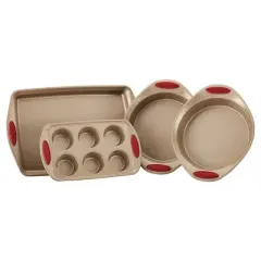 Rachael Ray Cucina 4pc Bakeware Set - Cranberry: Nonstick Steel Baking Set, Muffin & Cake Pans, Cookie Sheet