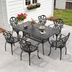7-Piece Cast Aluminum Patio Set Beige Cushions - Ergonomic, All-Weather, Umbrella Hole
