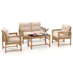 Costway 4 PCS Patio Furniture Set with Acacia Wood Frame Cushions and Coffee Table
