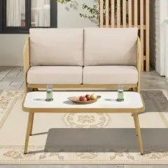 Buenhomino 2-Piece Rattan Patio Conversation Set, 3-seats Sofa with Conversation Table for Porch, Balcony, Garden