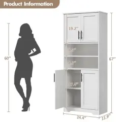 Kitchen Pantry Cabinet, 4 Door Cabinet w/Microwave Stand & Drawer, Adjustable Shelf, Gray