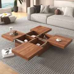 39.4" Sliding Top Coffee Table, Slide Table With 4 Storage Compartments, Farmhouse Square Marble Veneer Coffee Table With Large Storage Spaces